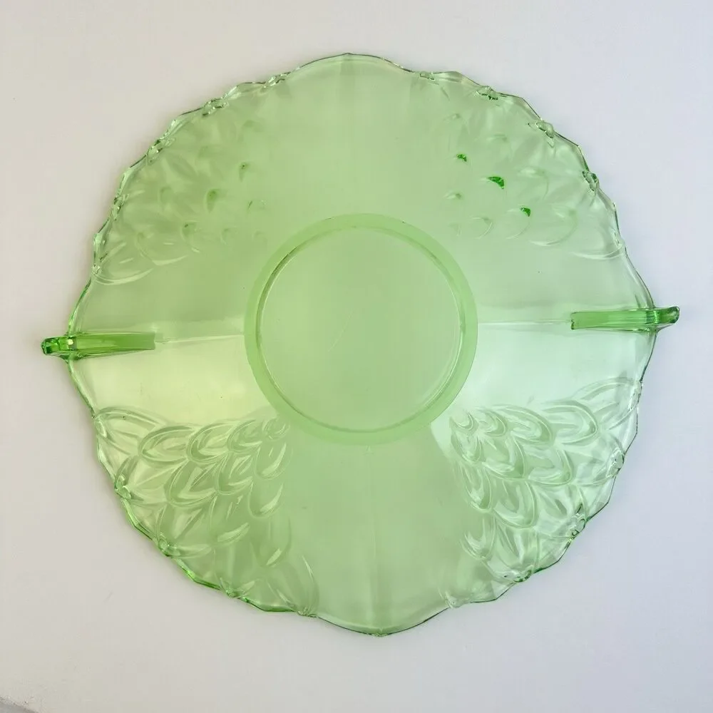 STÖLZLE Hermanova Czech Green Uranium Glass Handled Tray Art Deco Plate GLOWS